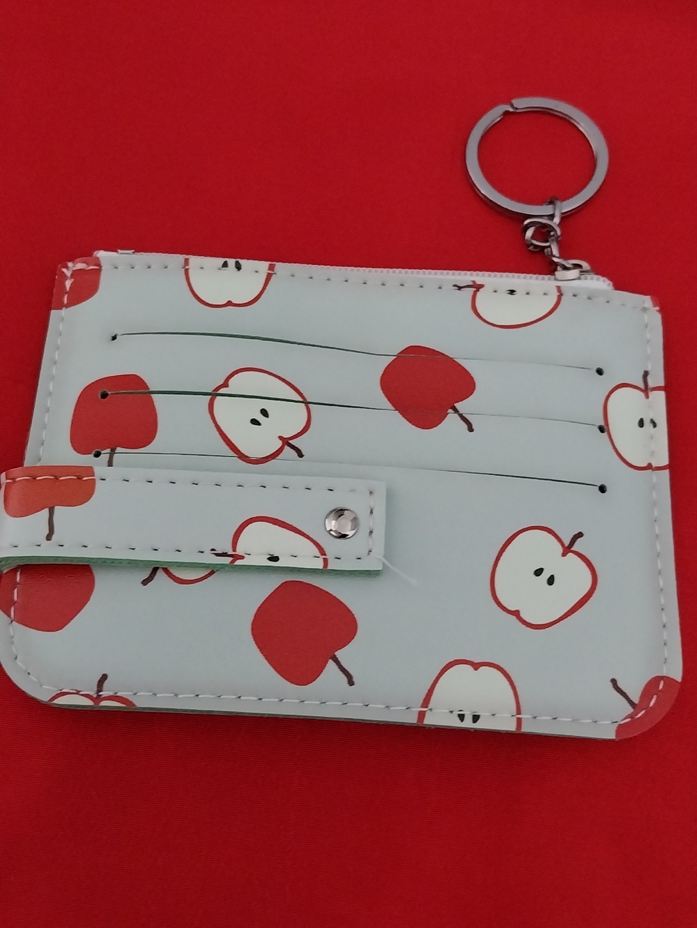 Brand New Apple Print Cardholder Keychain Wallet - Mint and Red